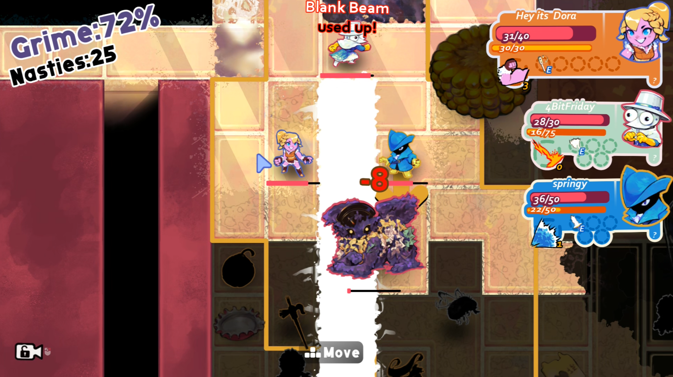 Scrubbin' Trubble gameplay showing a character using Blank Beam