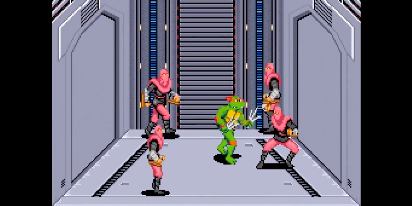 Teenage-Mutant-Ninja-Turtles-IV-Turtles-in-Time-Raph-fighting-Foot-Soldiers-in-Technodrome-elevator