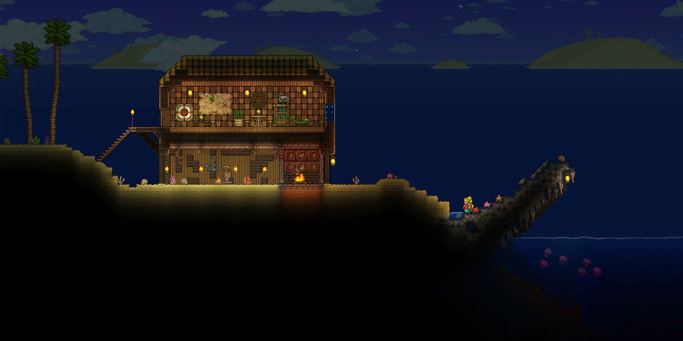 Terraria-Player-sea-themed-house-at-night-near-water