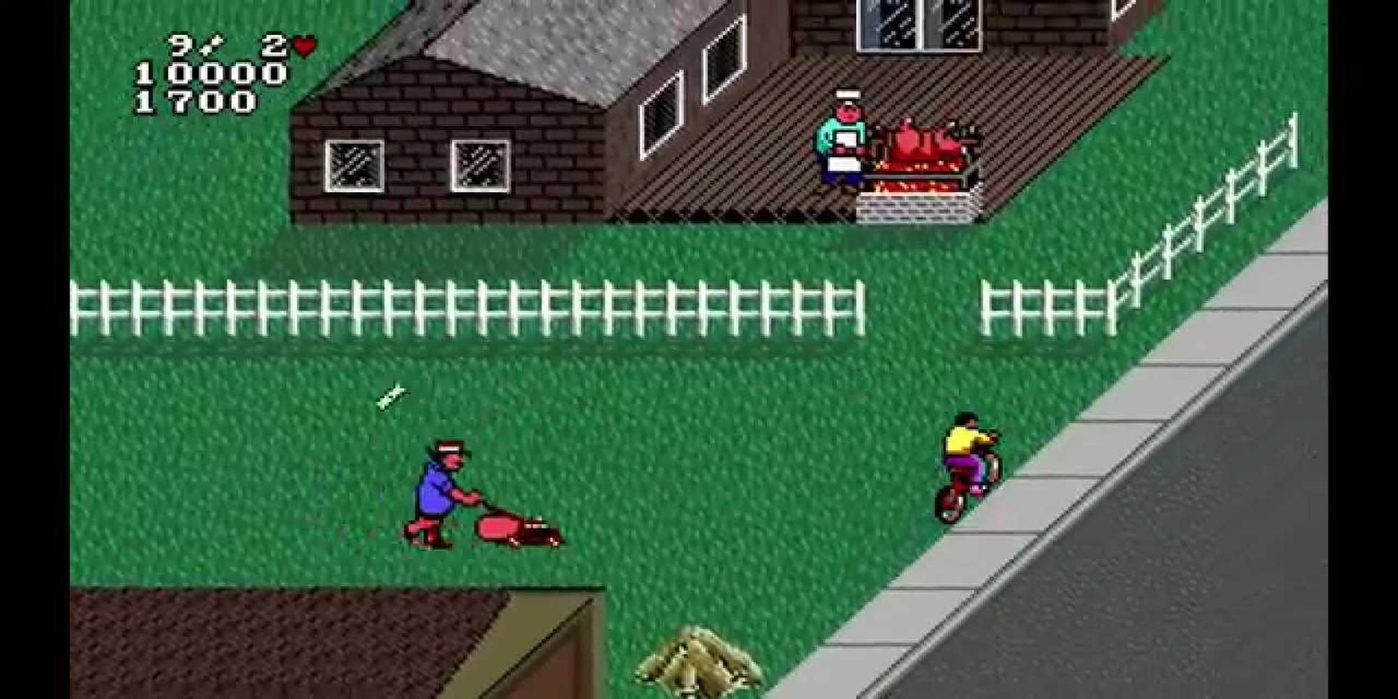 A boy riding a bicycle in a neighbourhood in Paperboy
