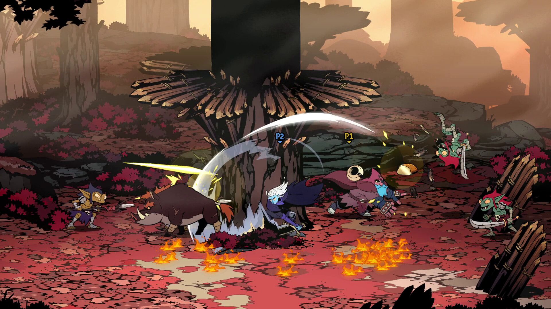 Absolum fight scene that depicts Galandra and Karl fighting side by side within an Autumn-themed colorful forest