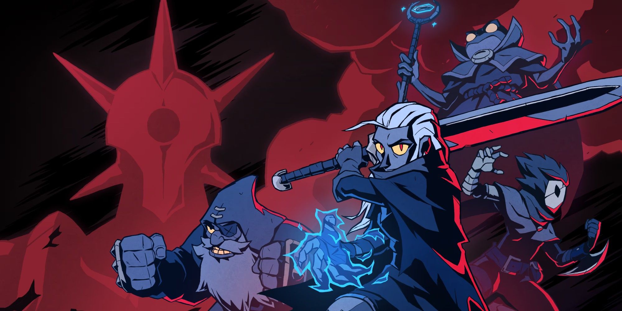 Absolum cover artwork with Galandra, Karl, Cider and Brome on the foreground and Azra on the background