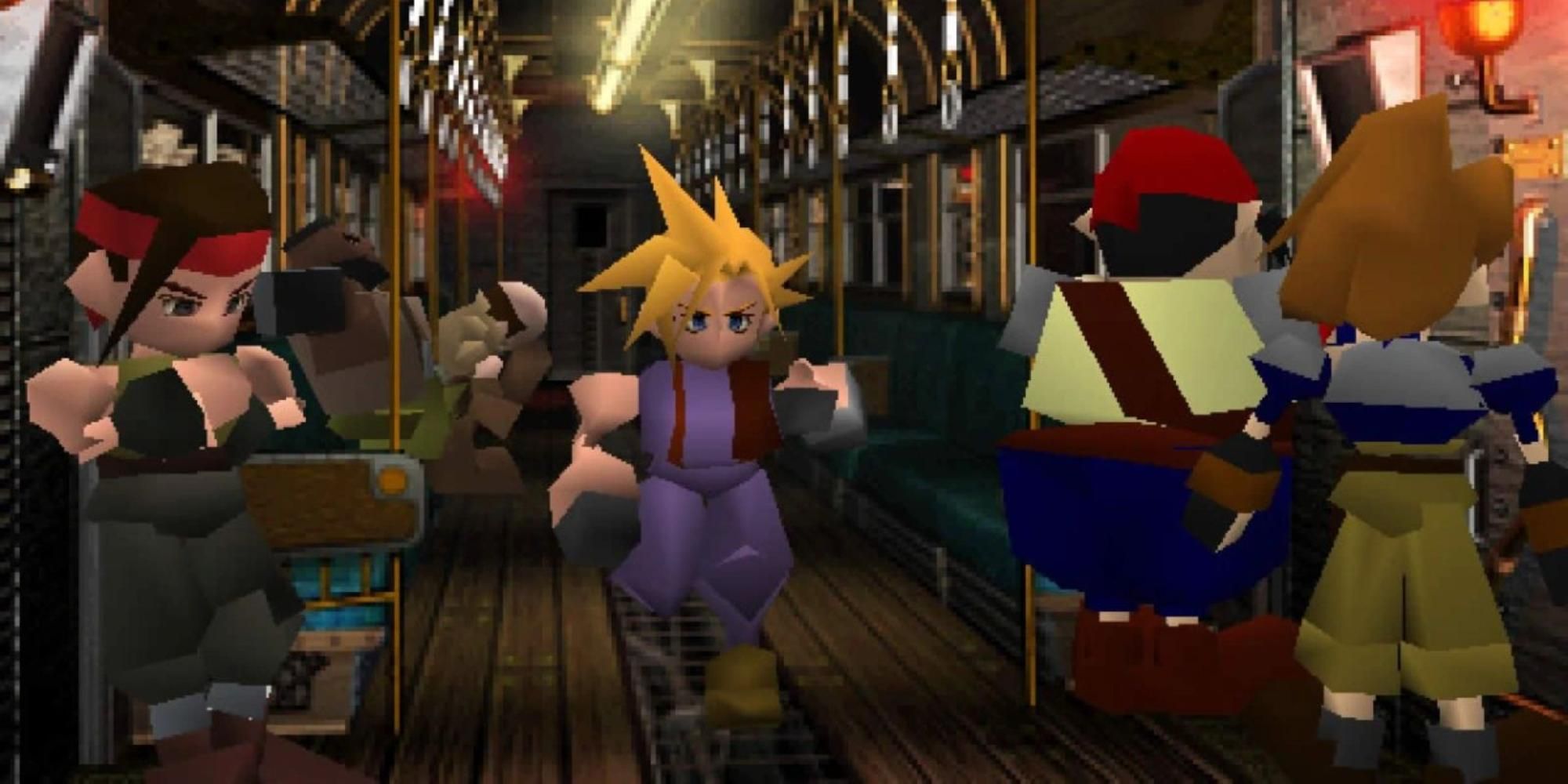 Cloud Strife walking inside a train in Final Fantasy 7