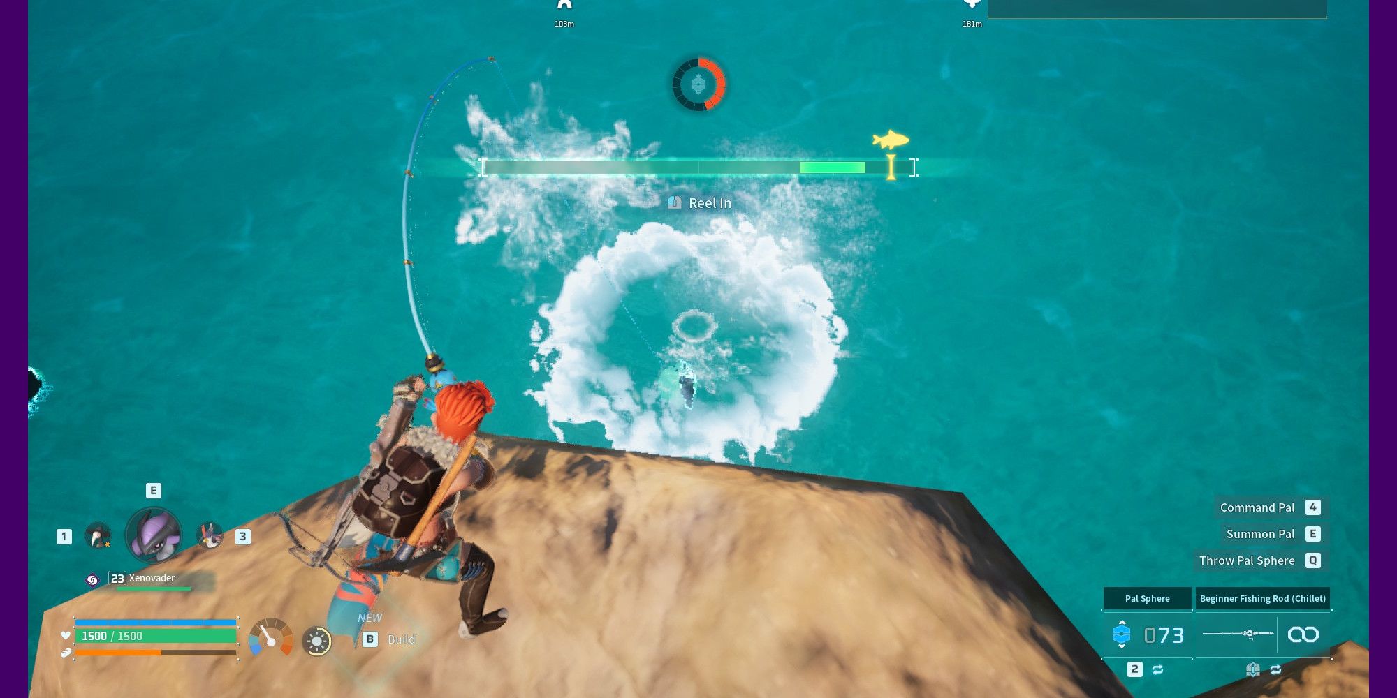 El minijuego de pesca en Palworld, como jugador, intenta tambalearse a un amigo. 