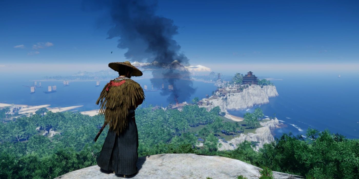 Ghost-of-Tsushima-Jin-Sakai-on-hill-looking-at-smoke