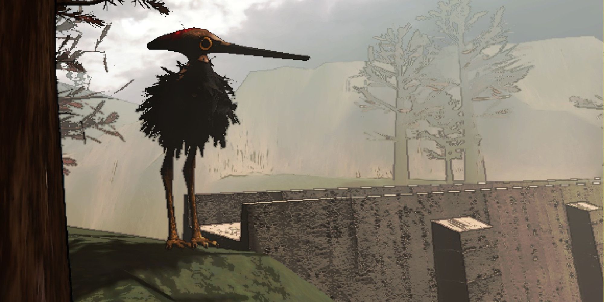 Un gigante sapsucker cerca de un puente, un ojo mirando al jugador.