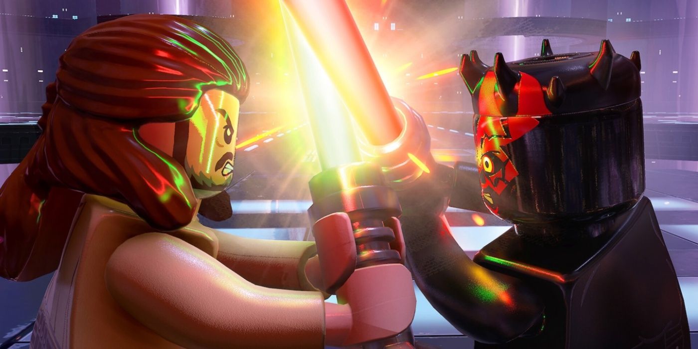 Lego-Star-Wars-The-Skywalker-Saga-Qui-Gon-locking-lightsabers-with-Darth-Maul