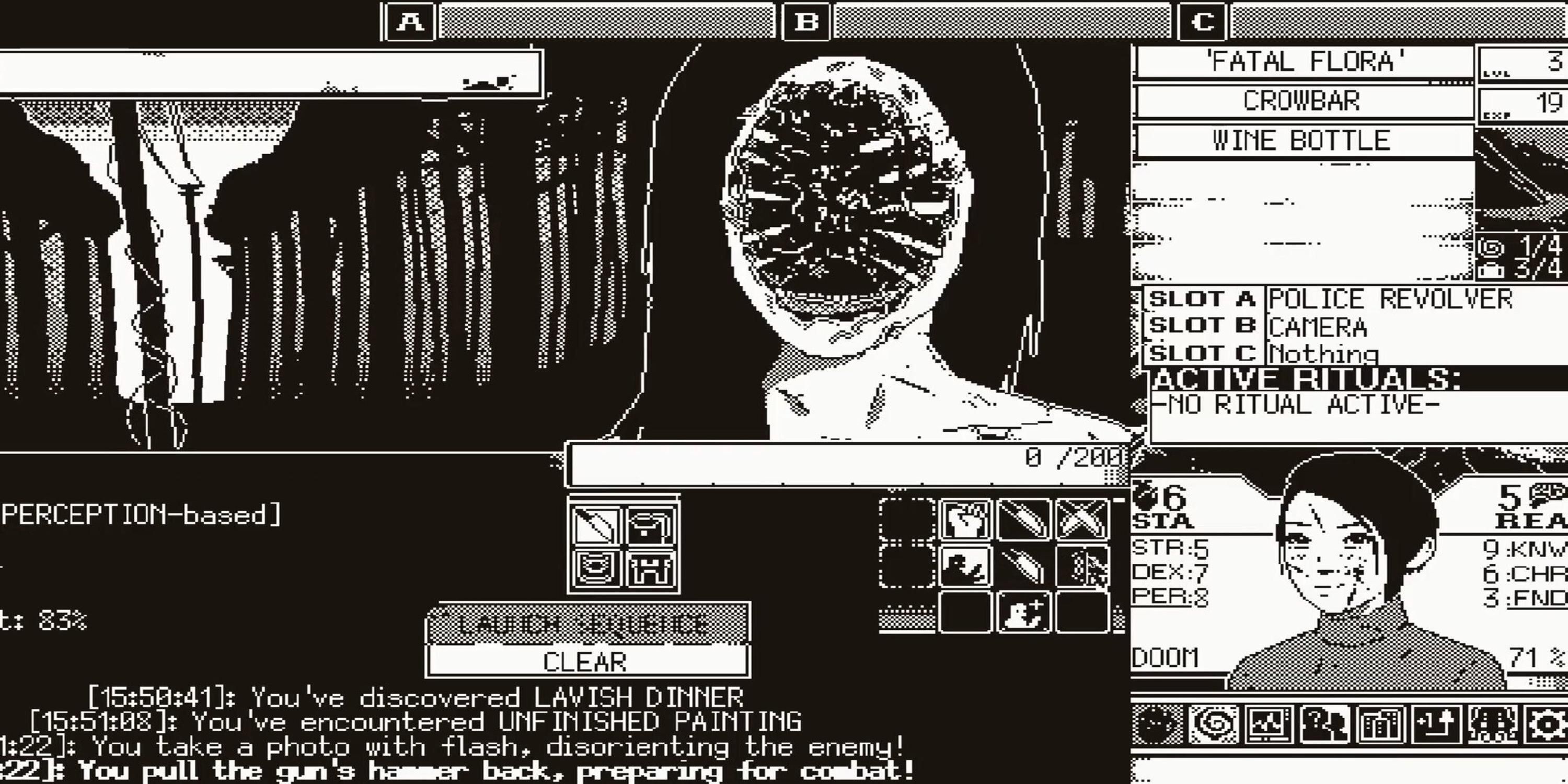 Looking at a monster with no face in World of Horror