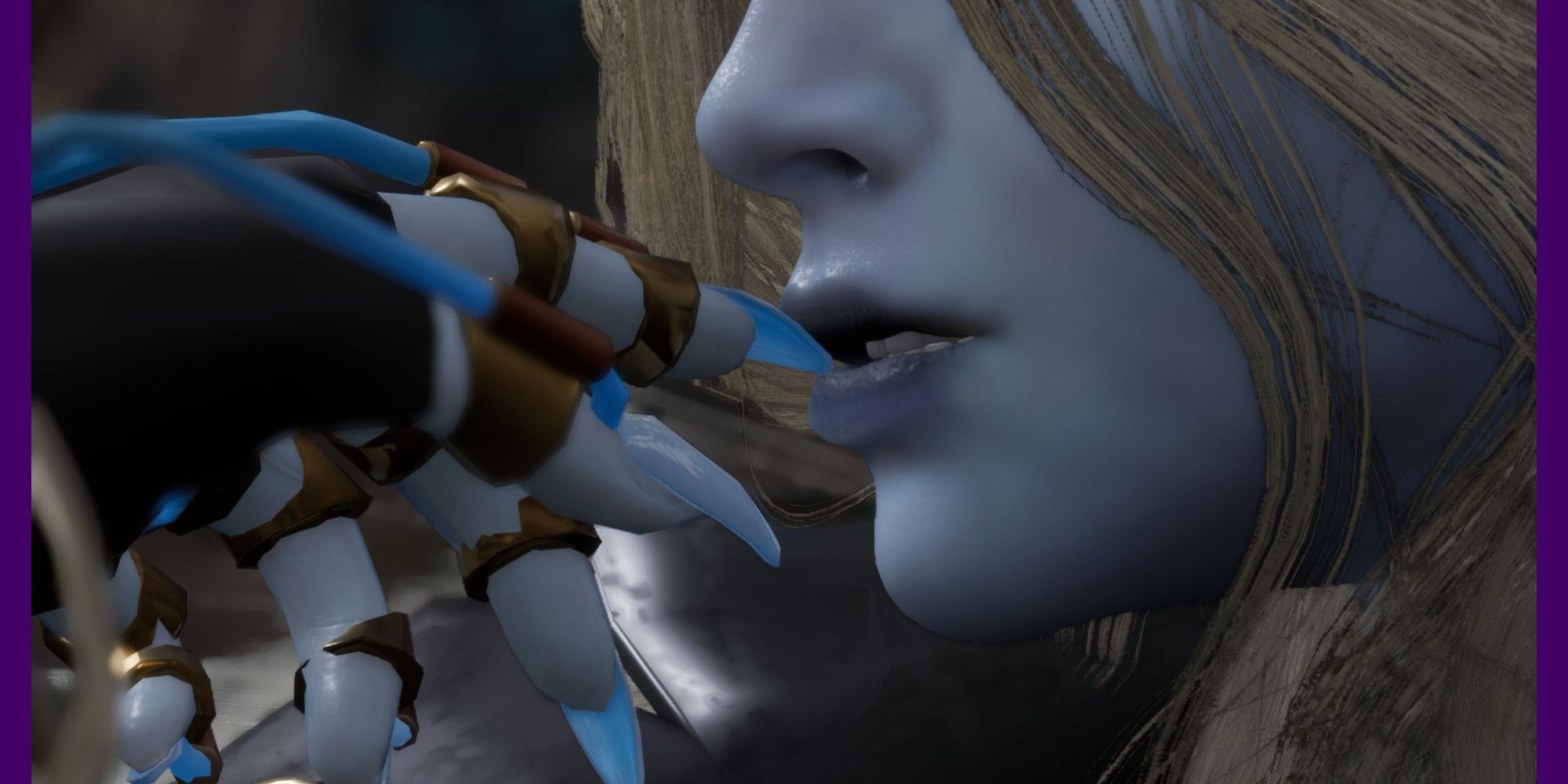 A close-up of Markiona biting her nail as she lounges. 