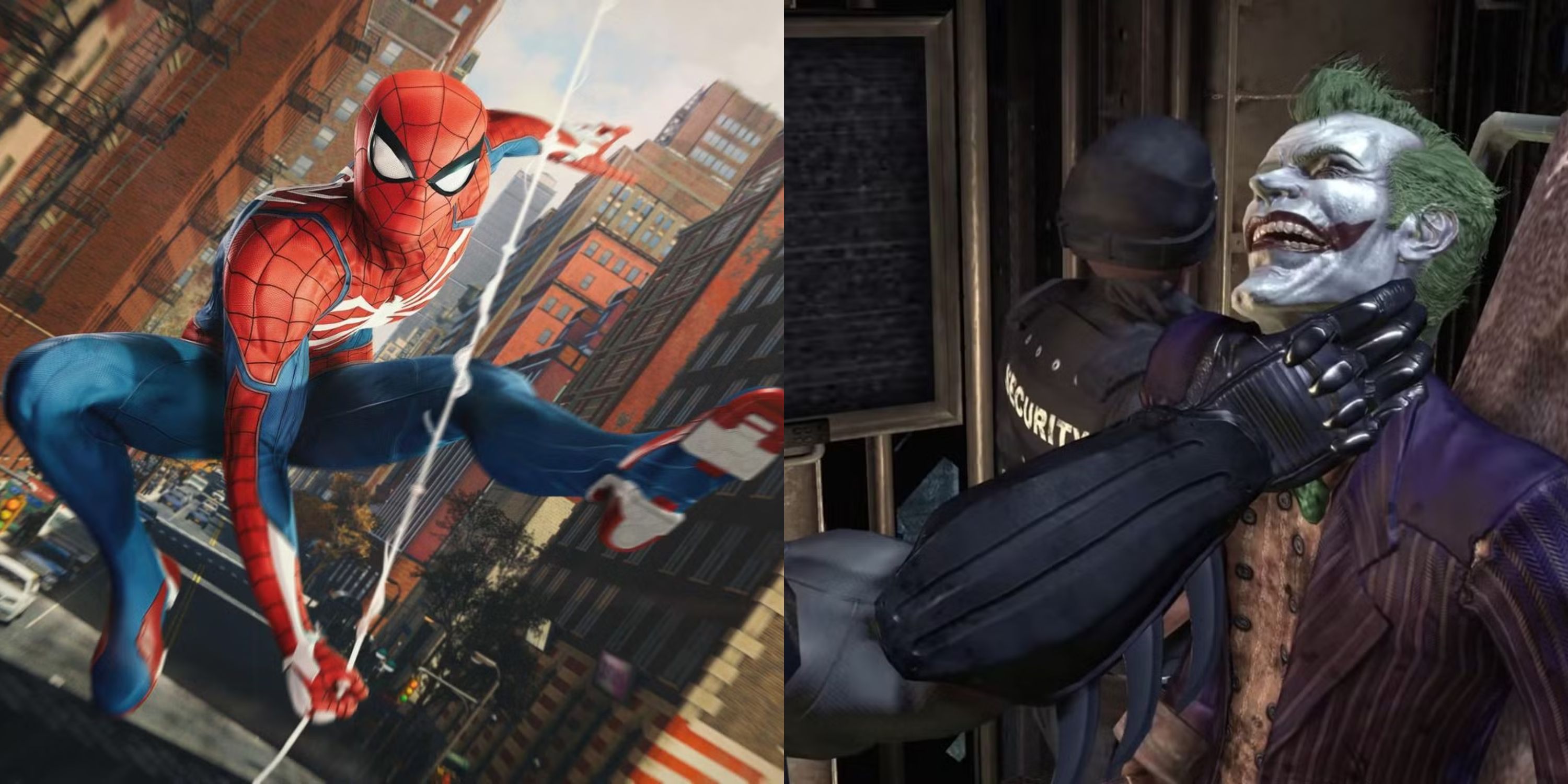 A combined image of Spider-Man swinging in Marvel’s Spider-Man and Batman holding Joker in Batman Arkham Asylum