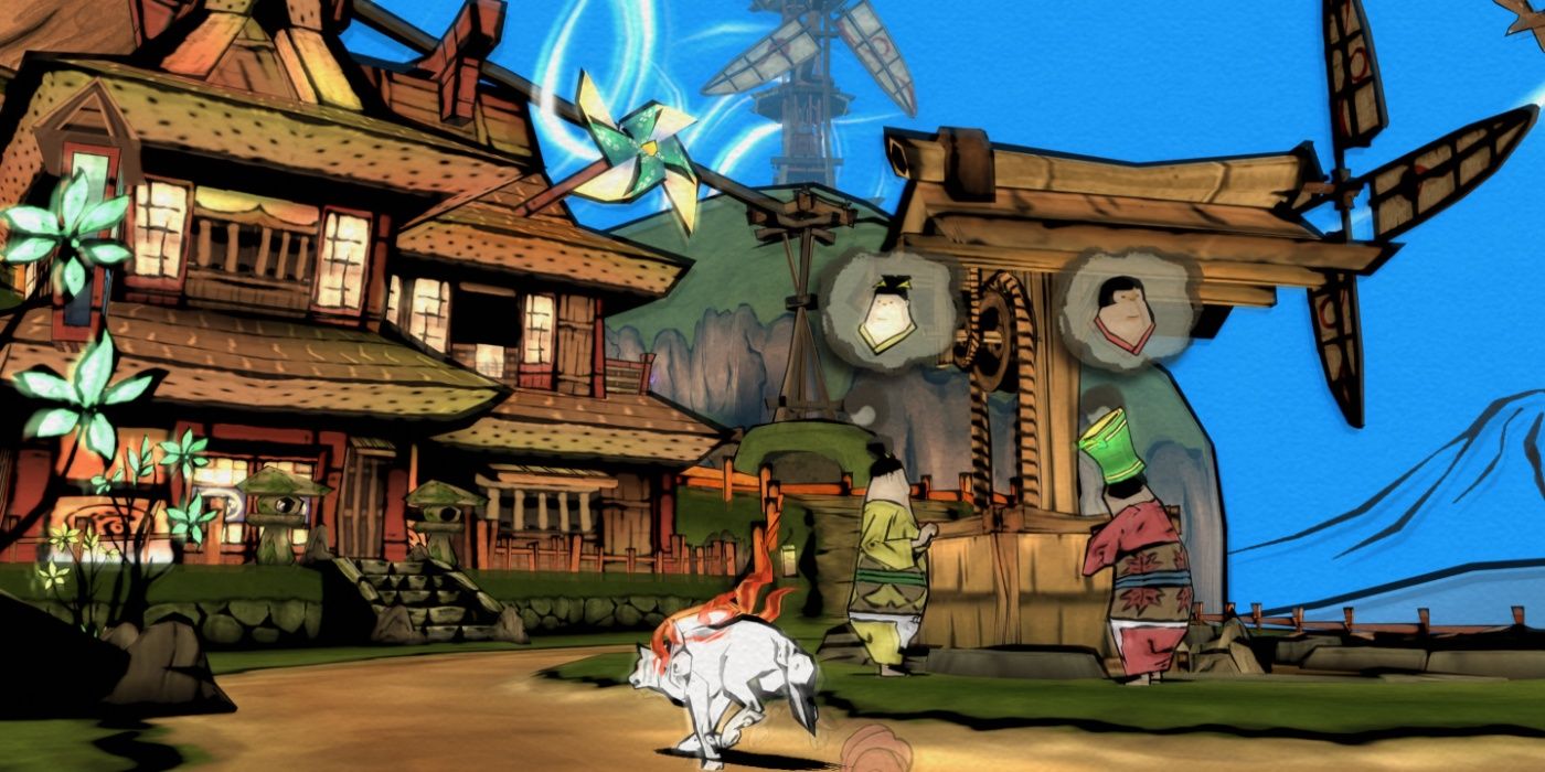 Okami-The-White-Wolf-running-through-coloful-village