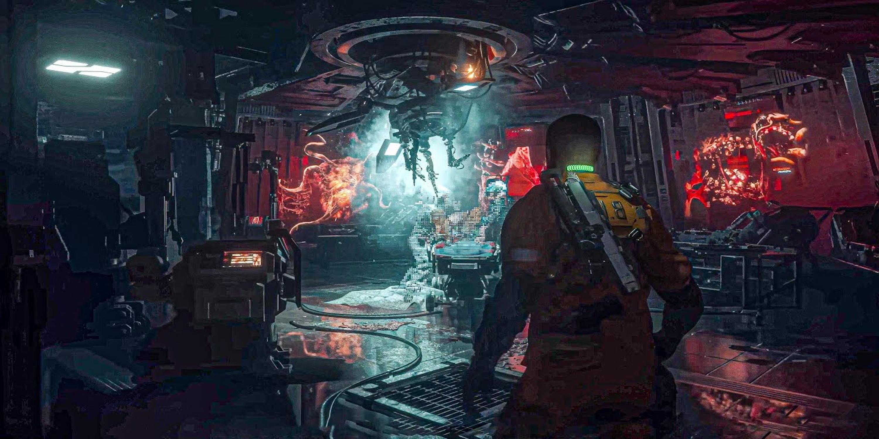 Player with a gun on his back in a laboratory in The Callisto Protocol