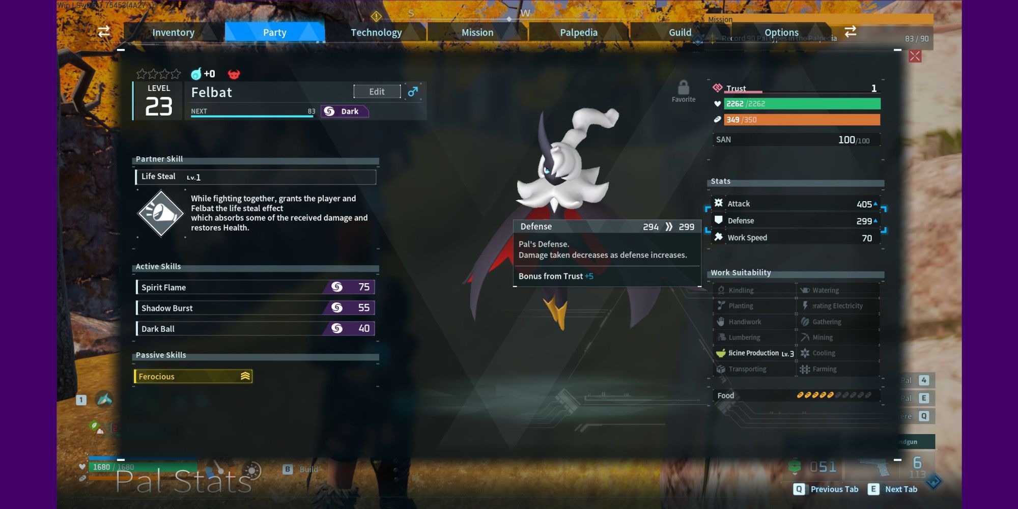 A Pal's Info screen, with the benefits of their Trust to defense being examined.