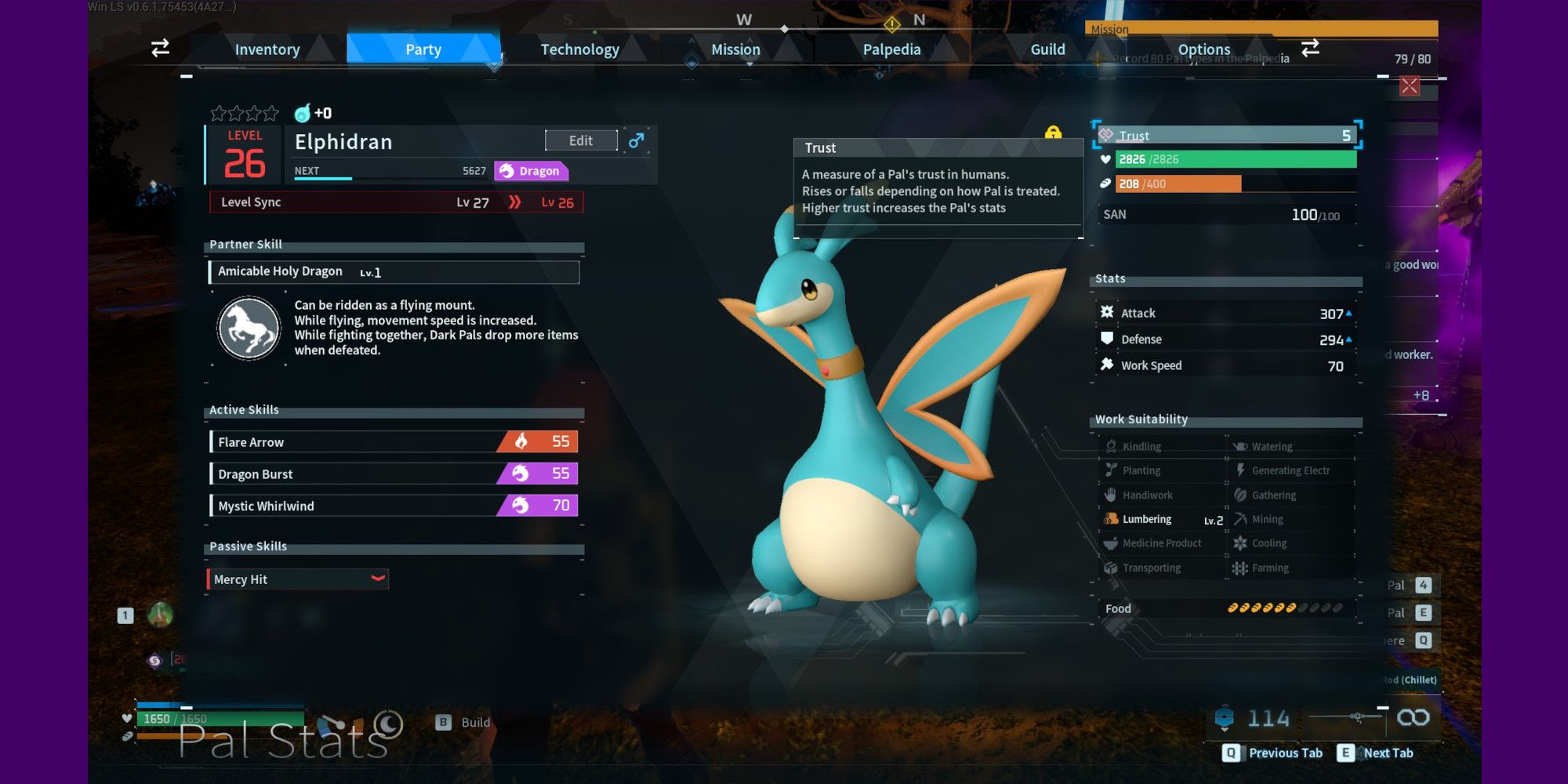 A Pal's info screen, with a player reading about the benefits of Trust.