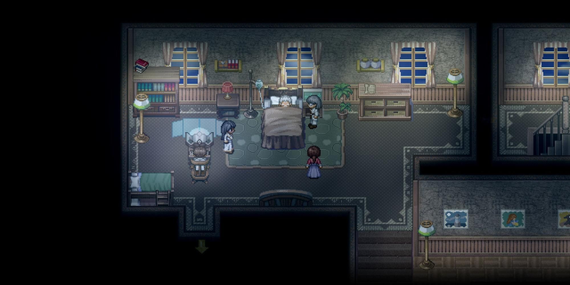 View of the inside of a home with a bed ridden man in To the Moon