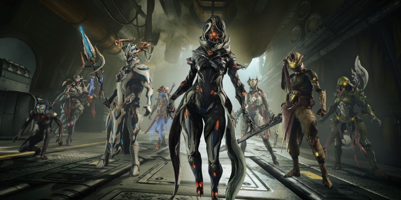 Warframe-Various-Warframe-Types-standing-side-by-side-in-metal-room
