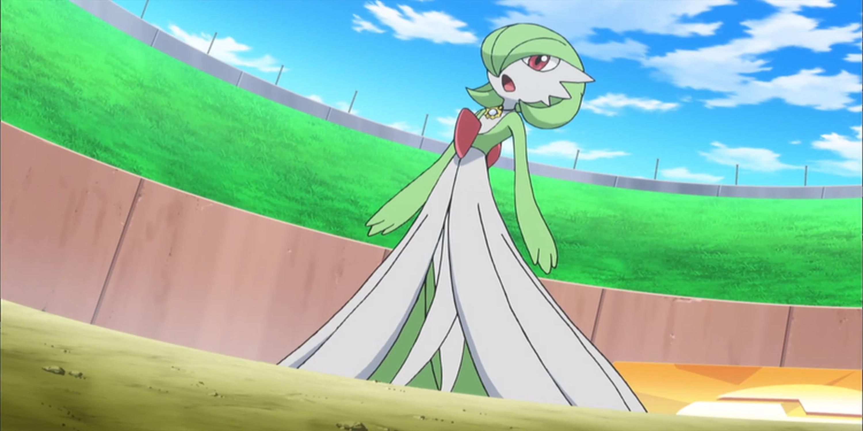 A Gardevoir standing inside a Pokemon Stadium