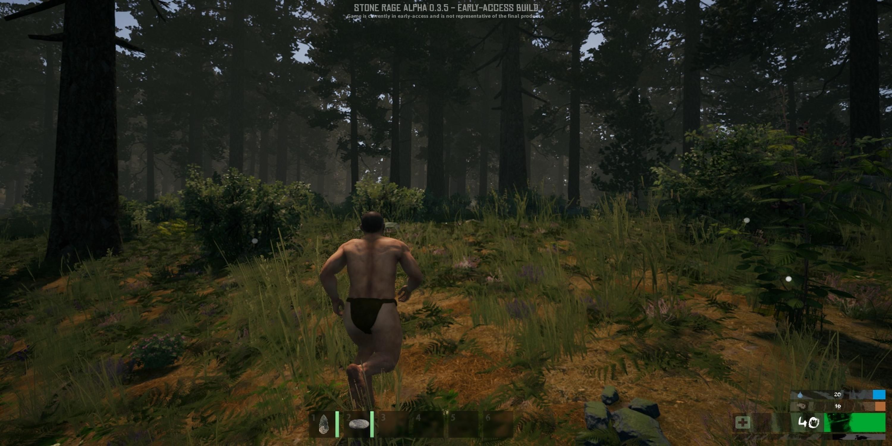 A naked man running in a forest in Stone Rage