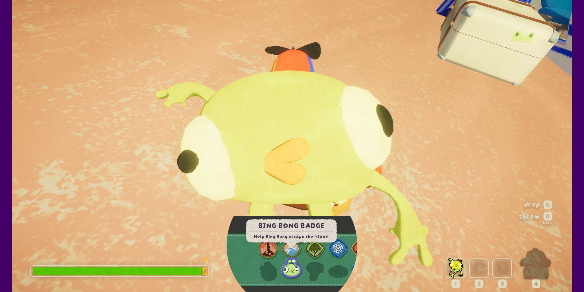 The Bing Bong Badge, with Bing Bong sitting on the sand above it.