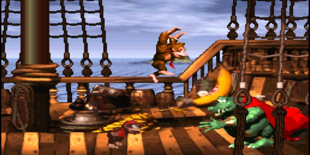Donkey-Kong-Country-1994-Donkey-Kong-and-Diddy-Kong-fighting-King-K.-Rool-on-ship
