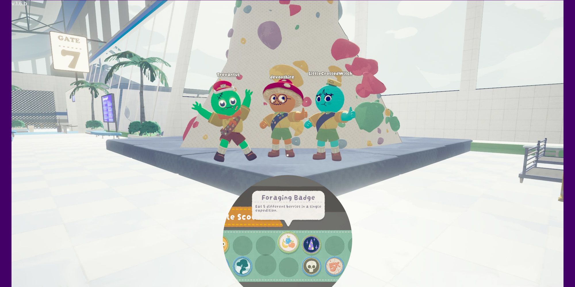 A gang of climbers posing in the lobby with the Foraging Badge beneath them. 