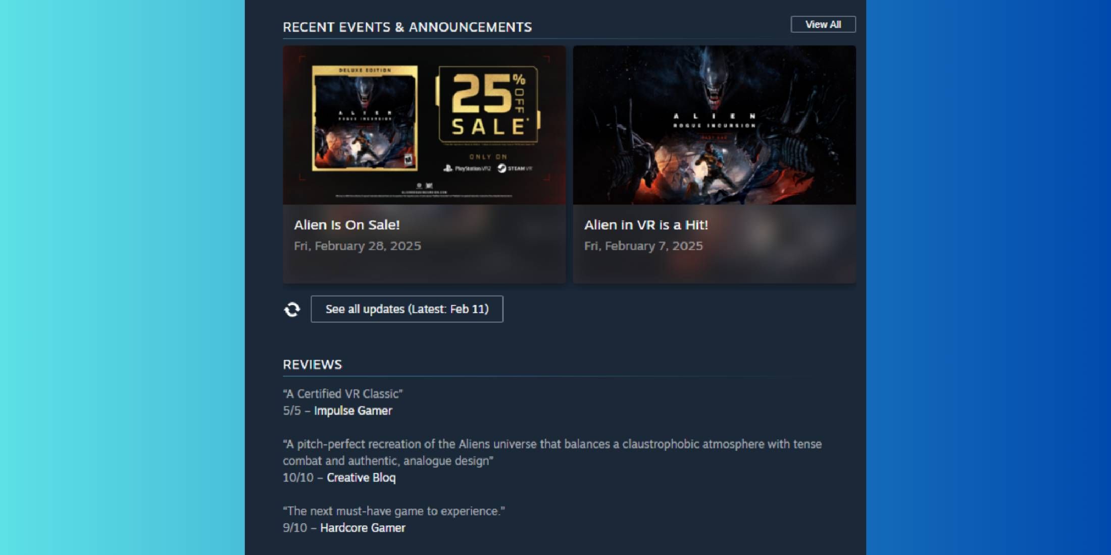 Steam Page for Alien: Rogue Incursion with Hardcore Gamer Review