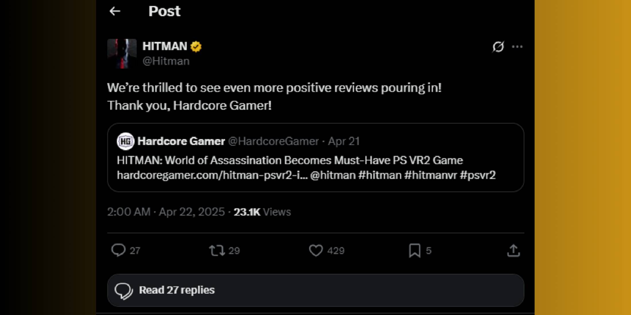 Hardcore Gamer Hitman X post