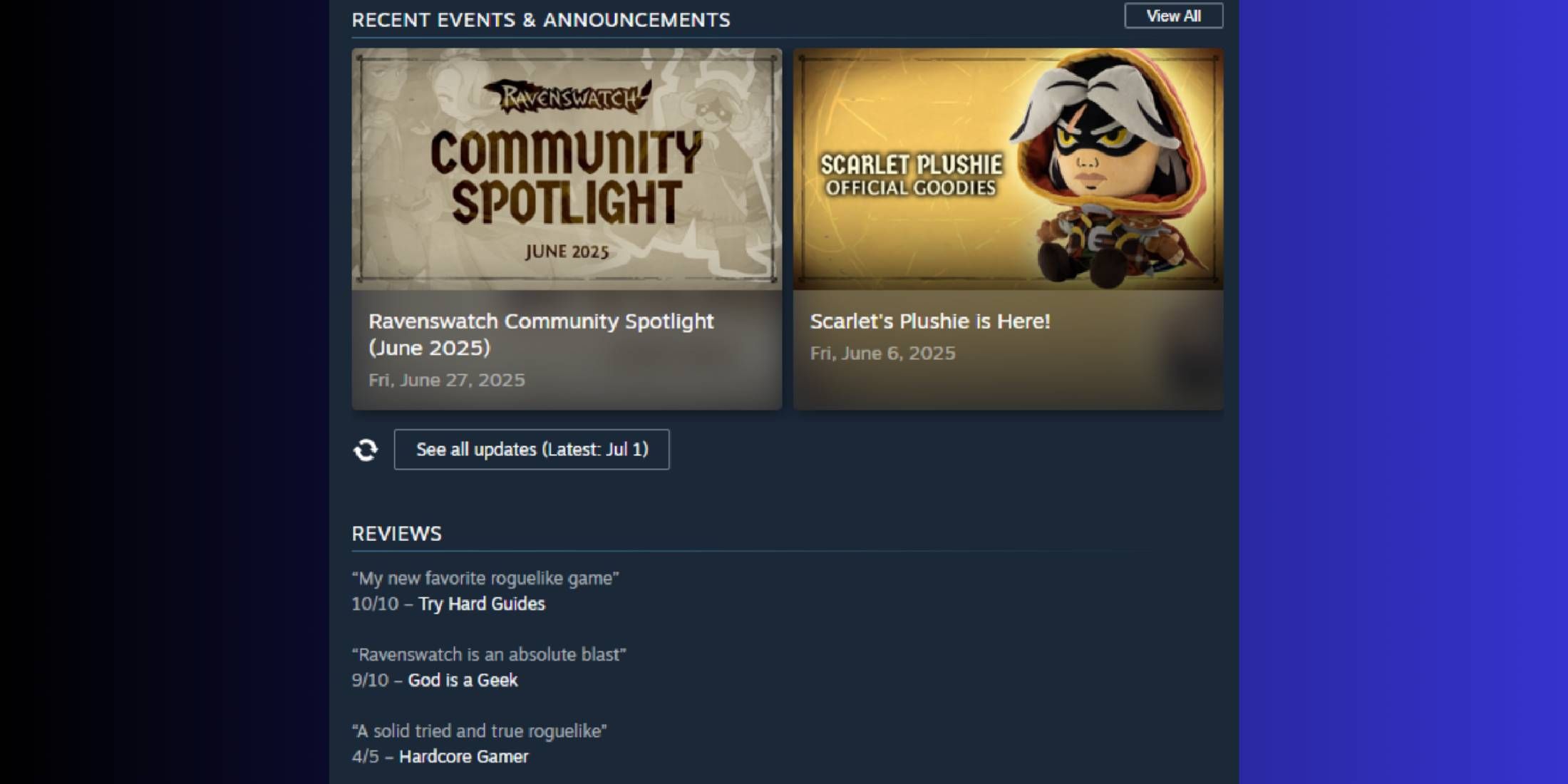 Hardcore Gamer Review on Ravenswatch’s Steam Page