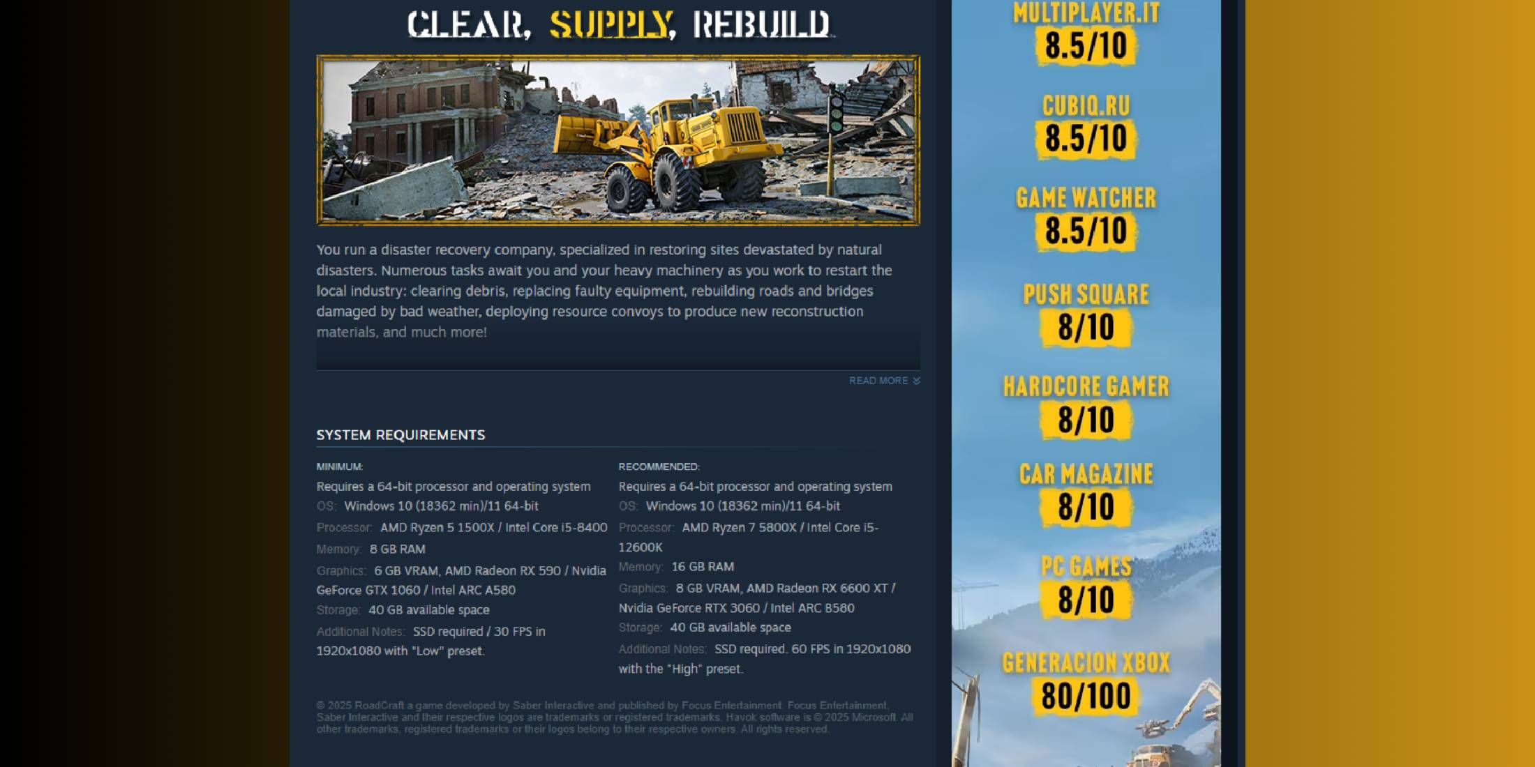 Hardcore Gamer Rating on RoadCraft’s Steam Page Awards Sidebar