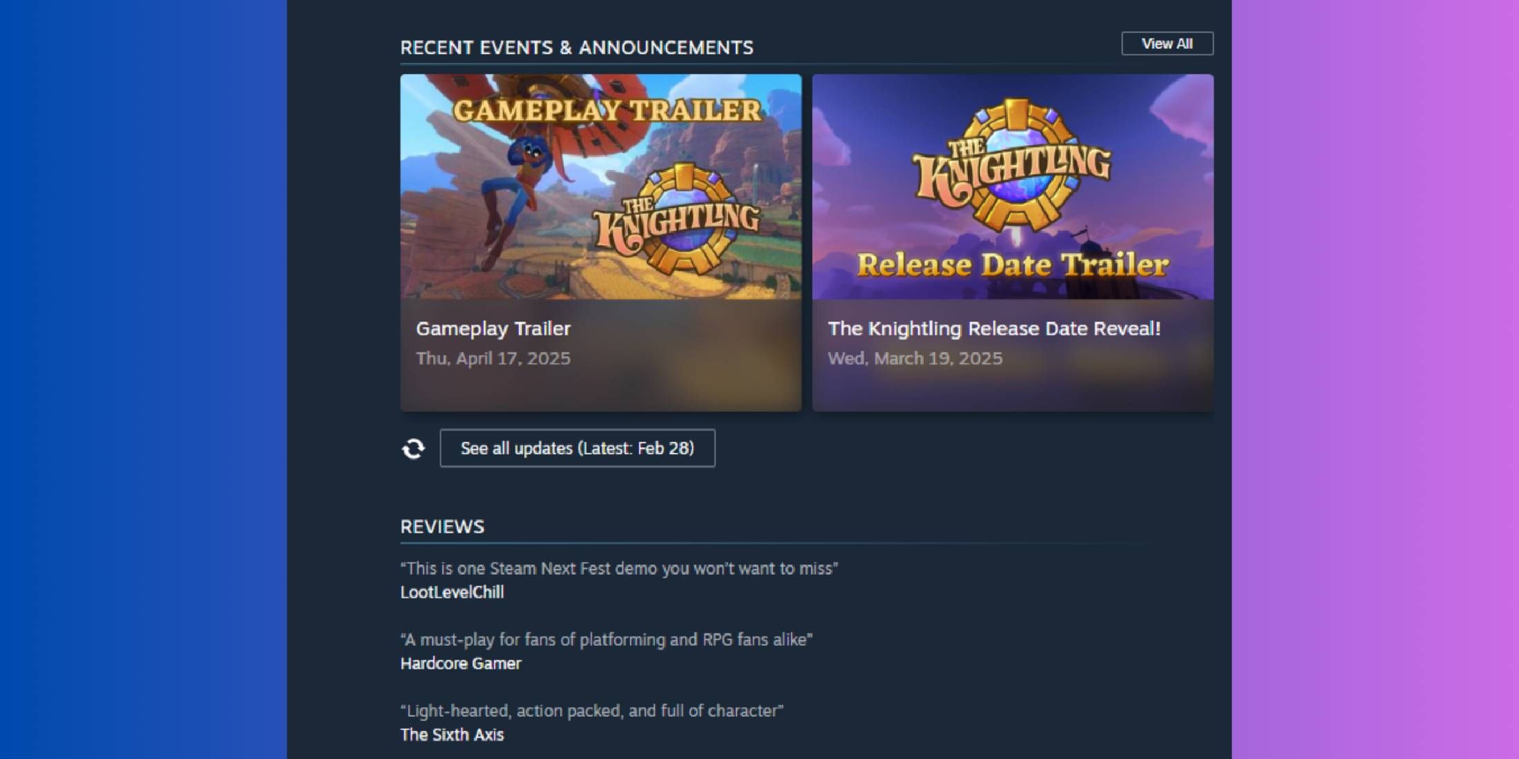 The Knightling’s Steam review page