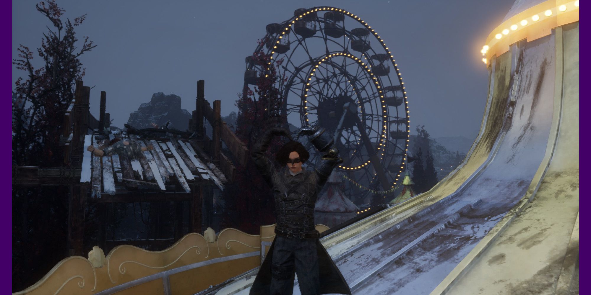 P performing the Heart emote at the carnival, with a Ferris wheel in the background. 