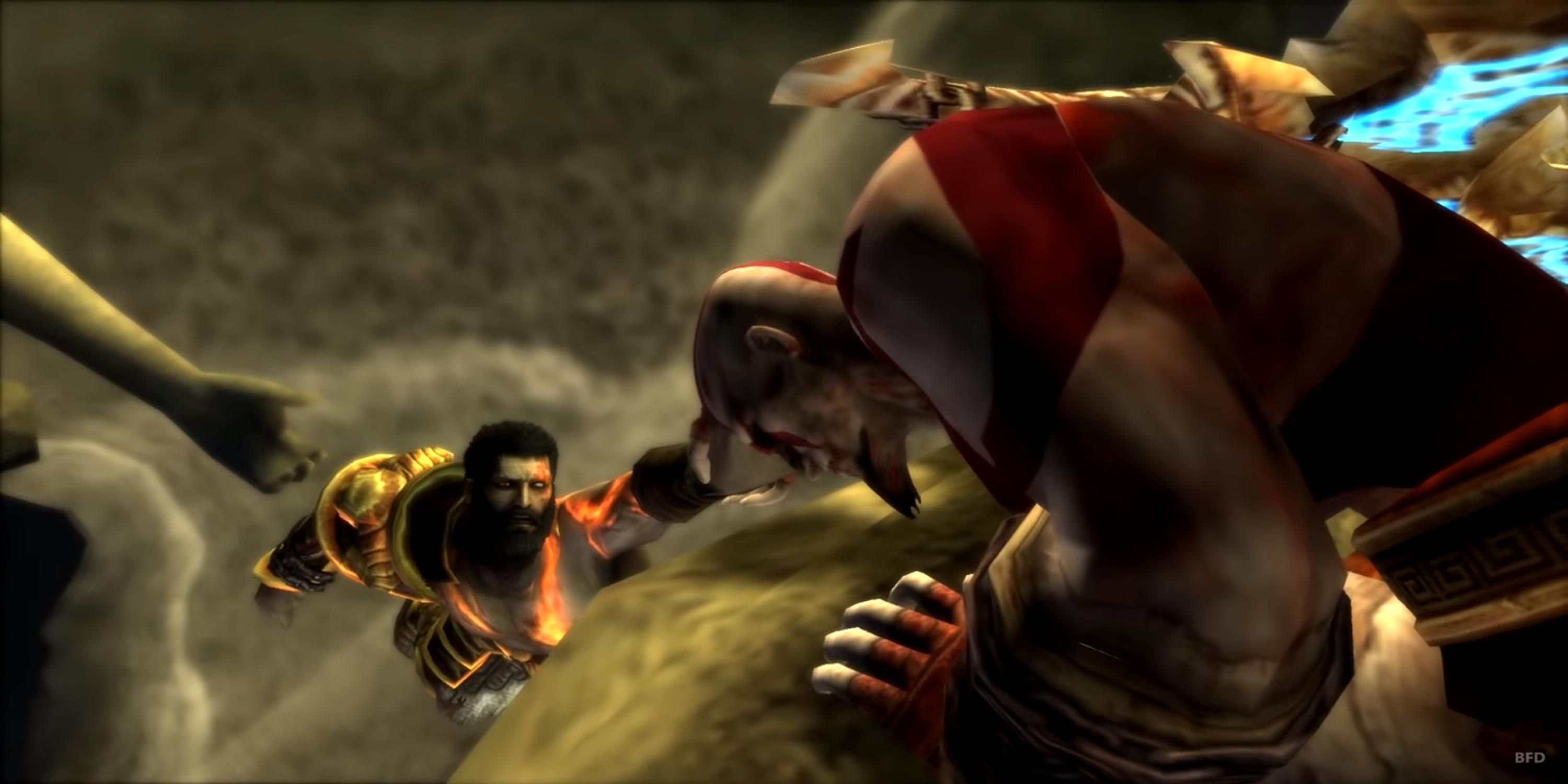 Kratos holding on to his brother Deimos in God of War Ghost of Sparta