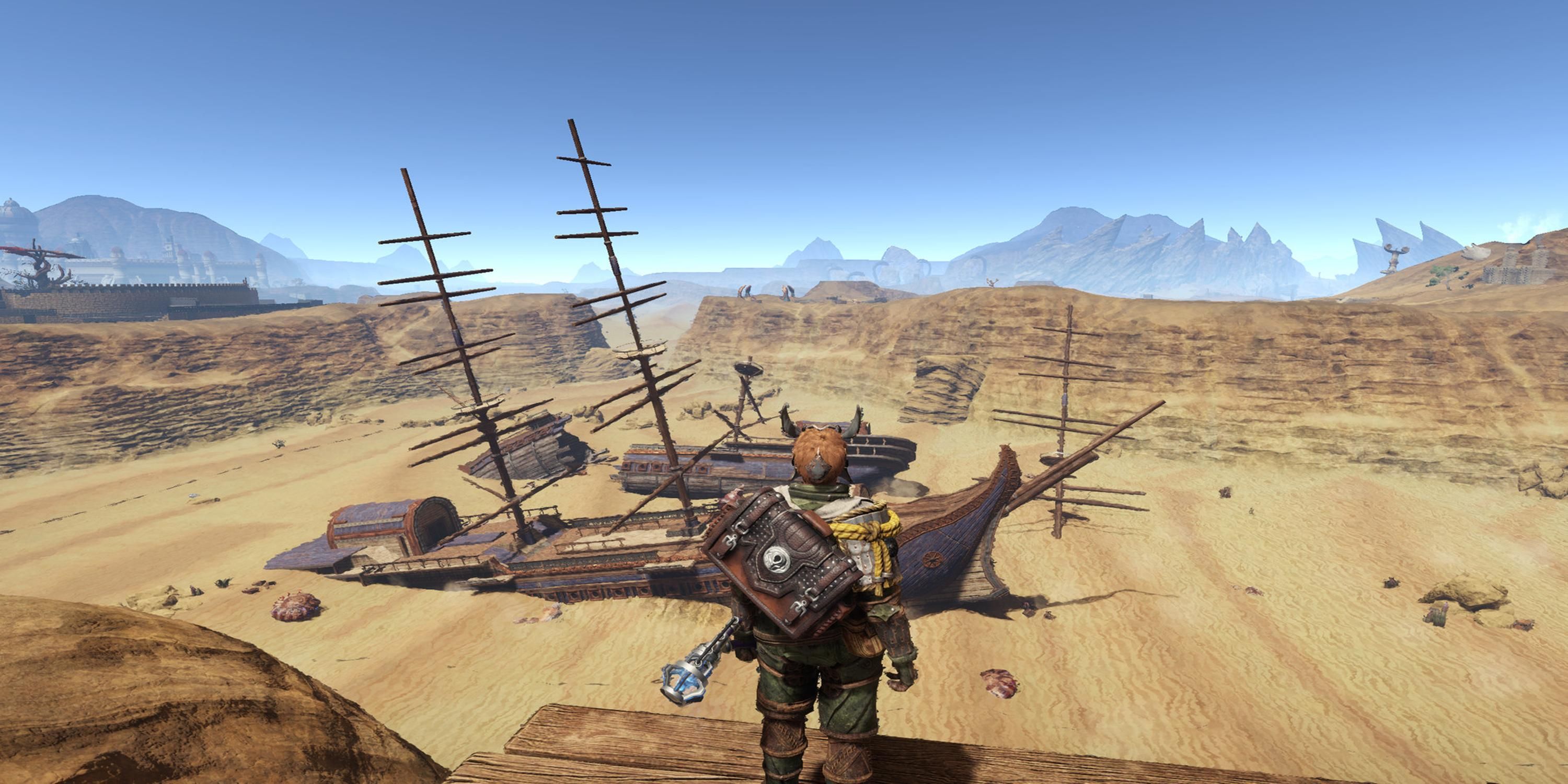 Looking at a shipwreck in a desert in Outward