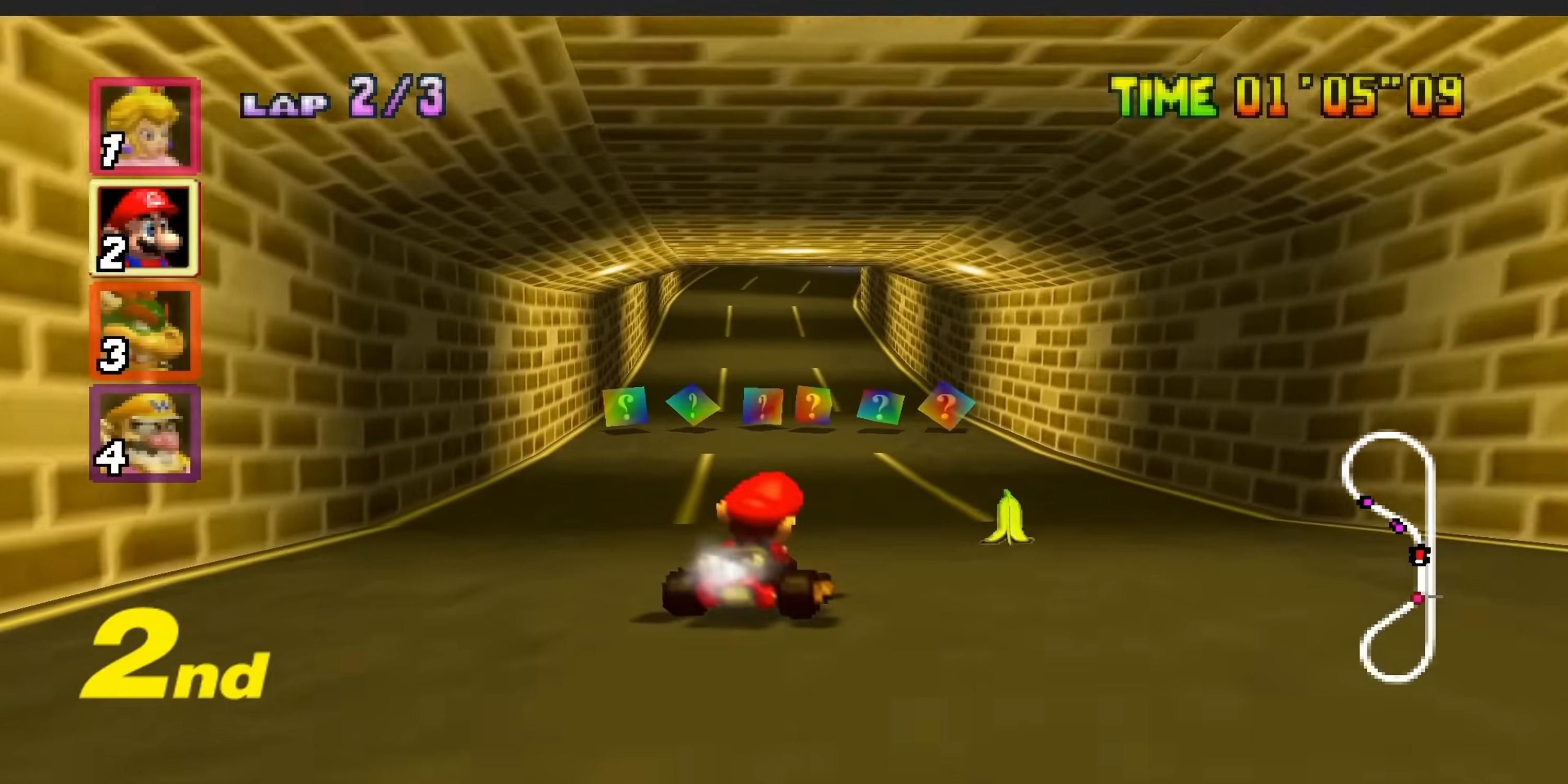 Mario driving through a tunnel in Mario Kart 64