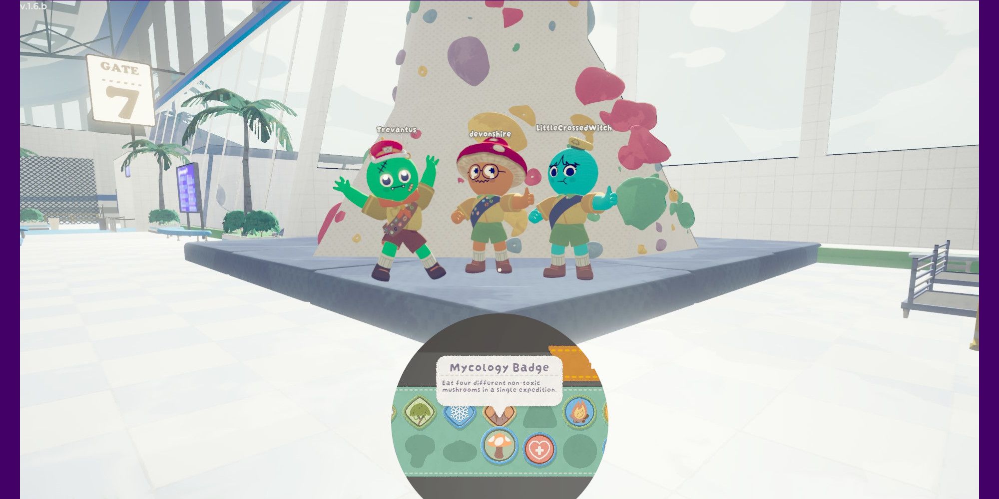 A group of climbers posing with the Mycology badge beneath them. 
