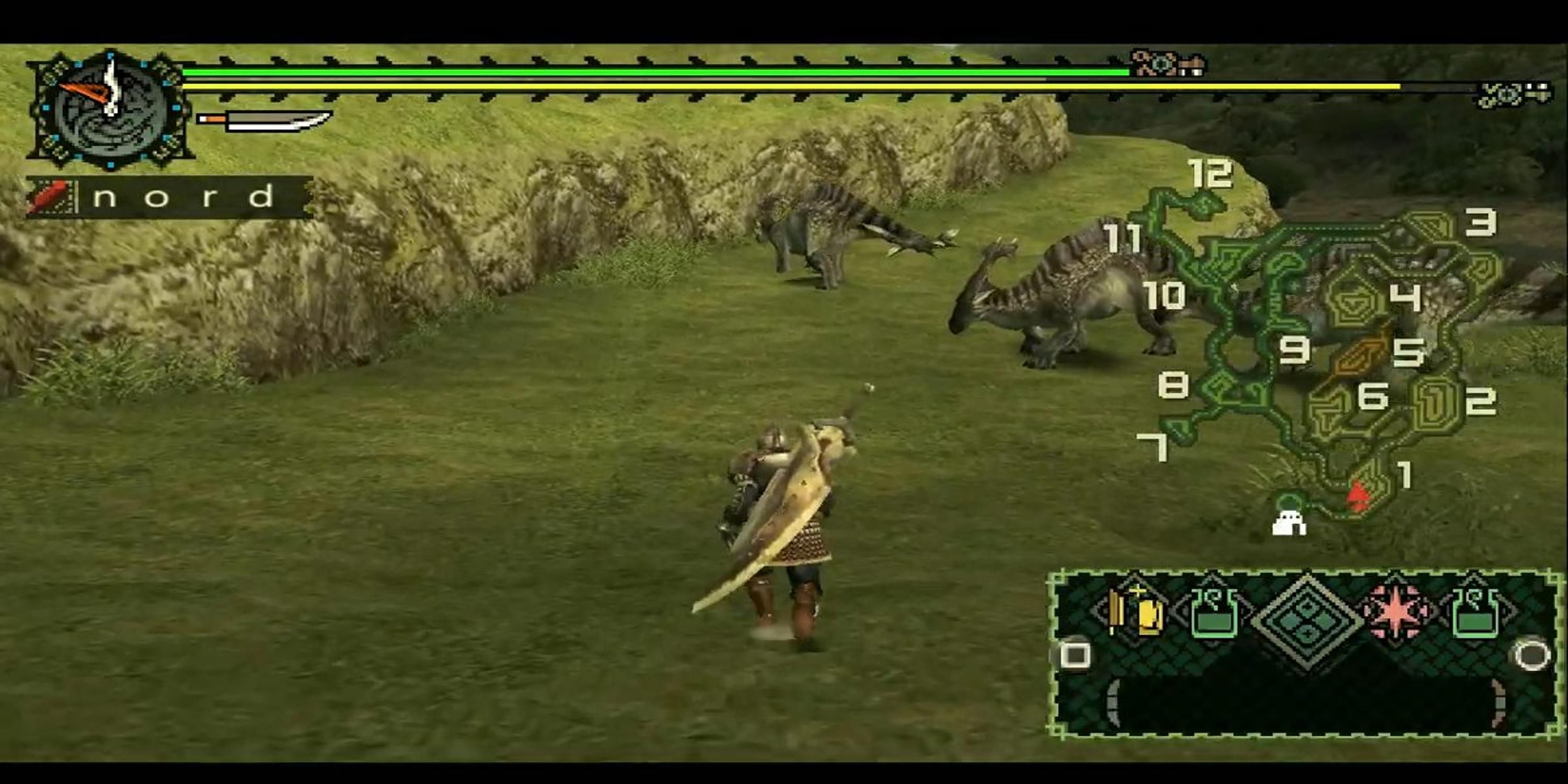 Player walking in a field with monsters around in Monster Hunter Freedom Unite