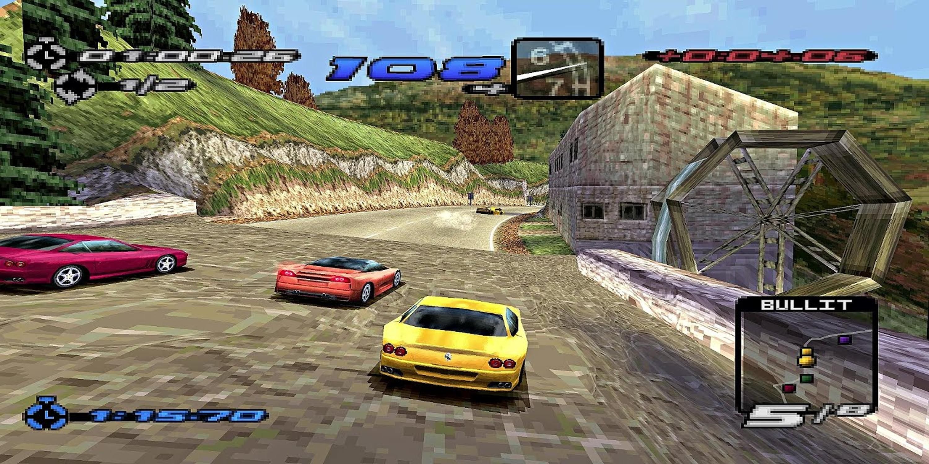 Racing in a yellow Ferrari in Need for Speed 3 Hot Pursuit