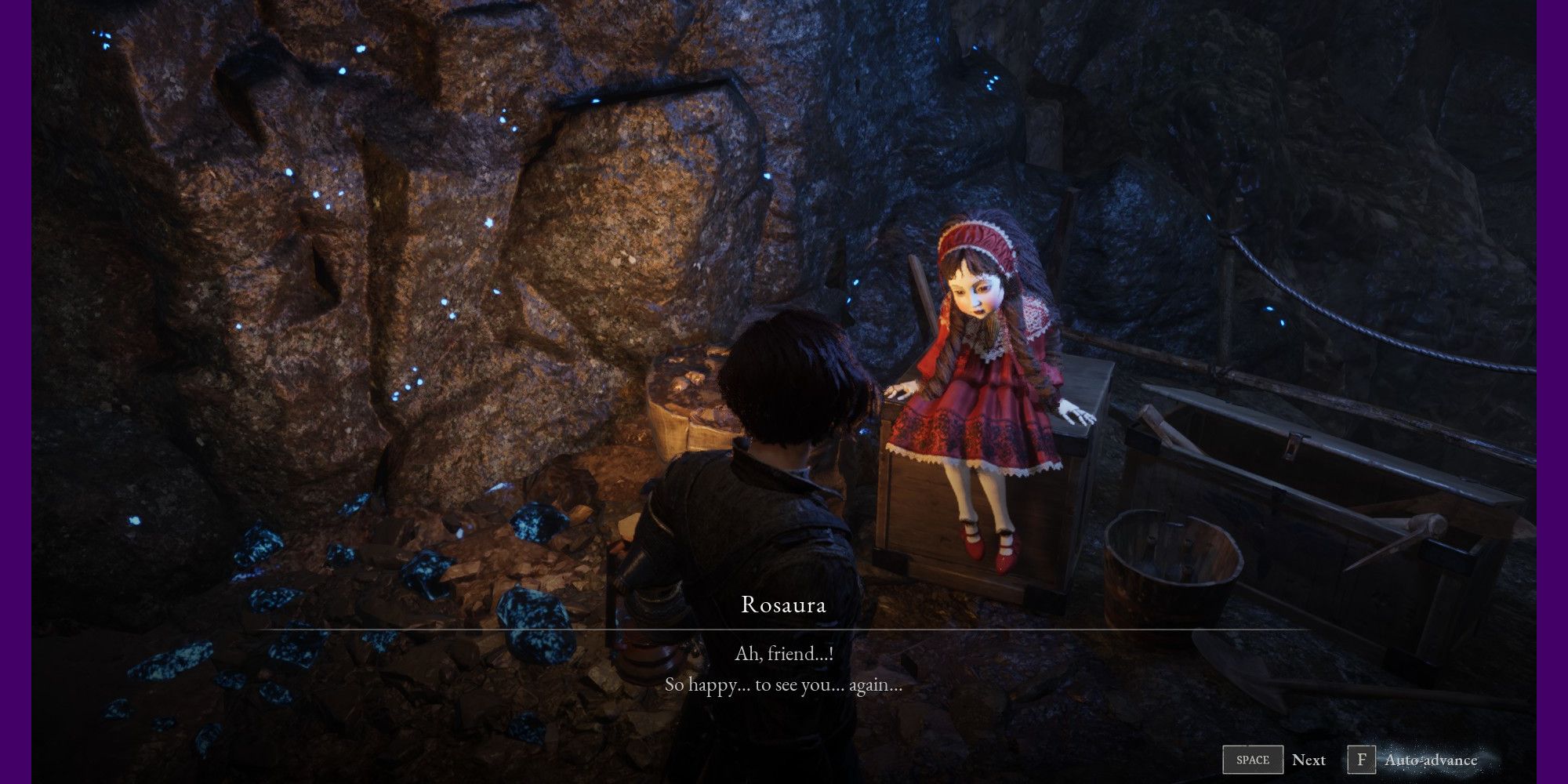 A sad Rosaura, sitting and talking with the player.