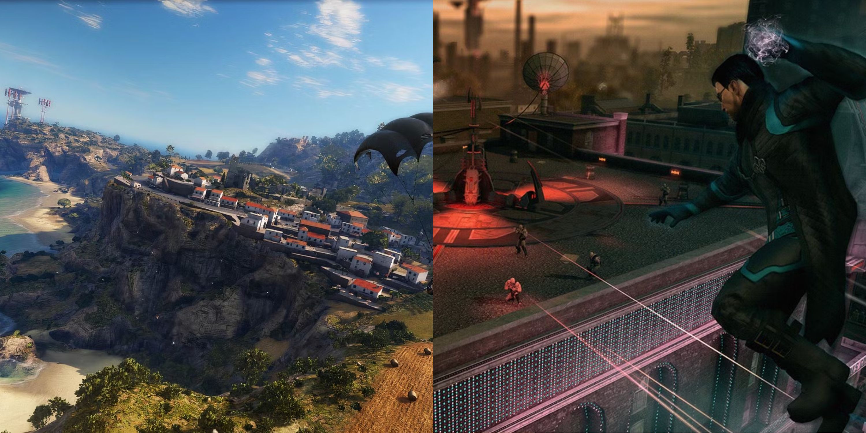 A combined image of the world in Just Cause 3 and fighting enemies in Saints Row 4