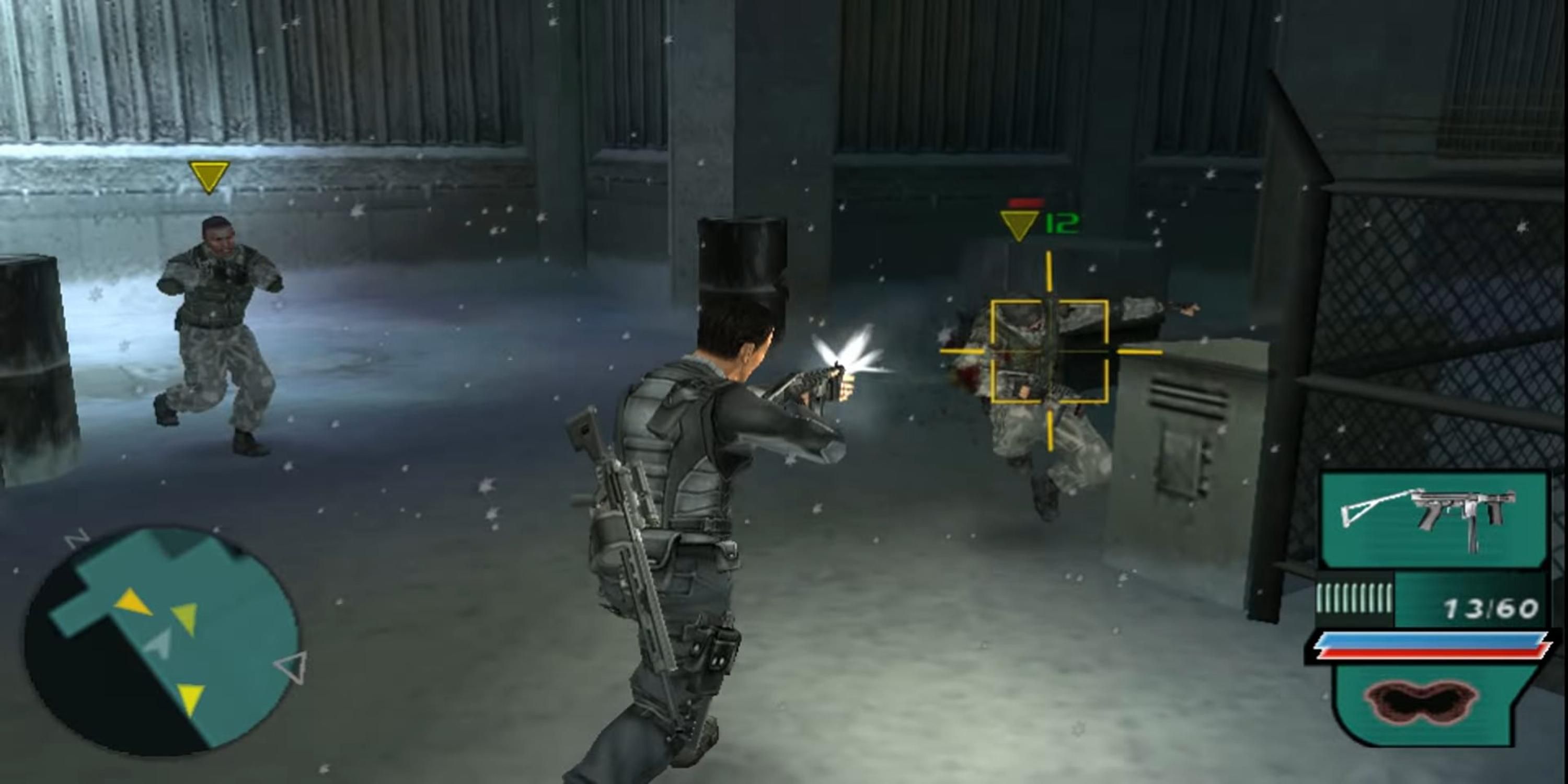 Shooting a gun at a soldier in Syphon Filter Dark Mirror