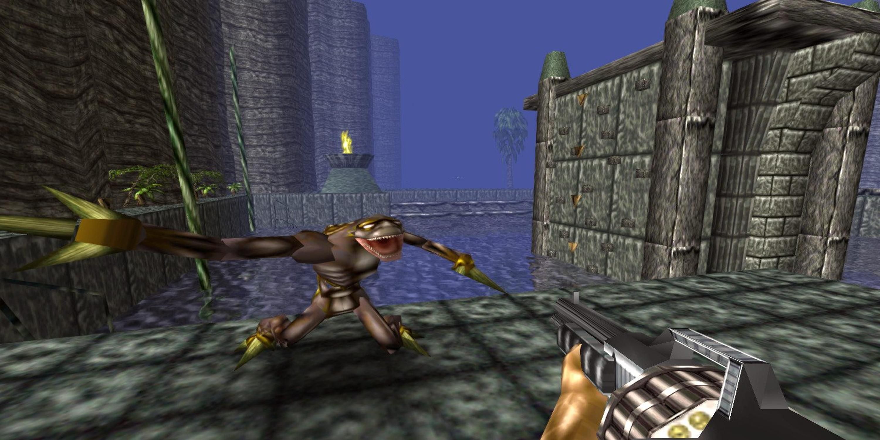 Shooting a gun at an enemy in Turok Dinosaur Hunter
