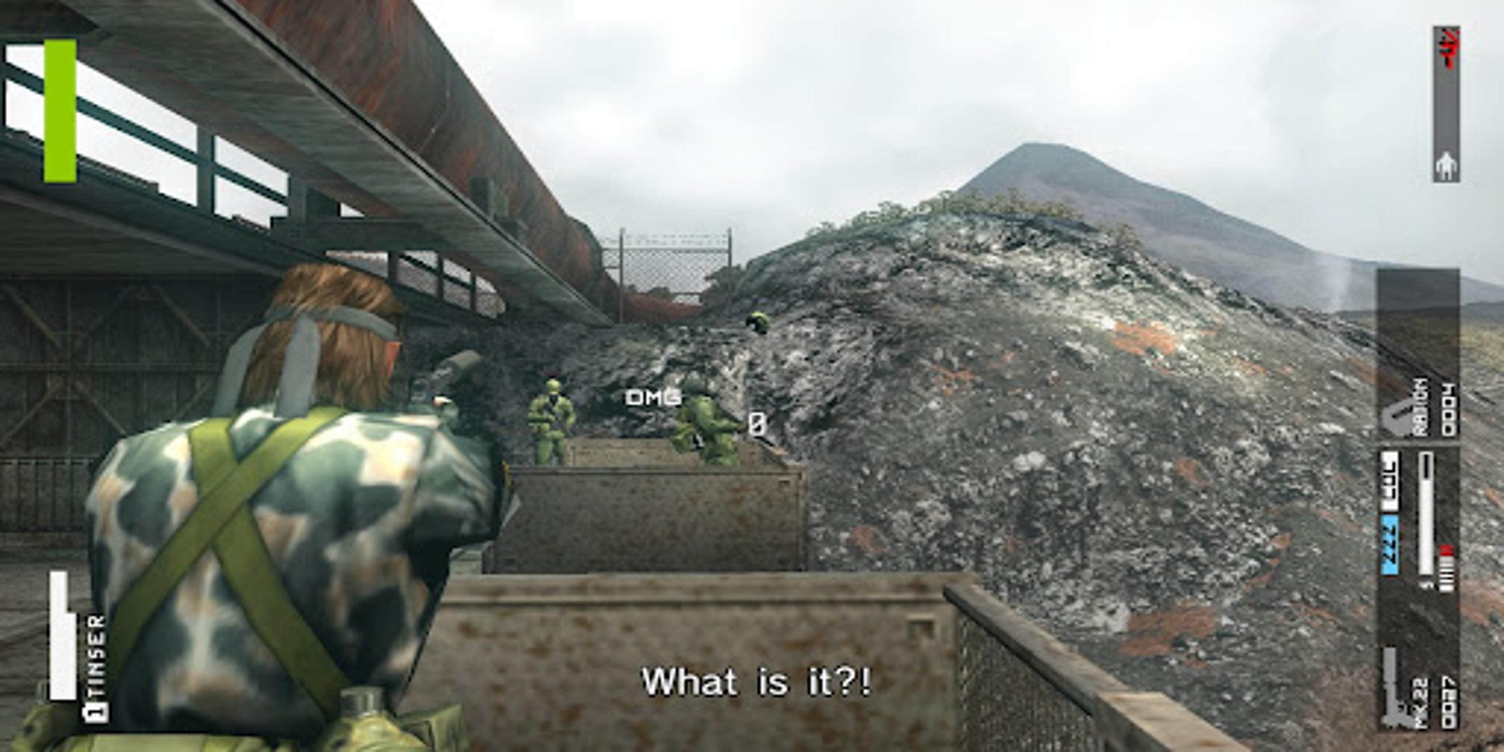 Solid Snake aiming a gun at enemies in Metal Gear Solid Peace Walker