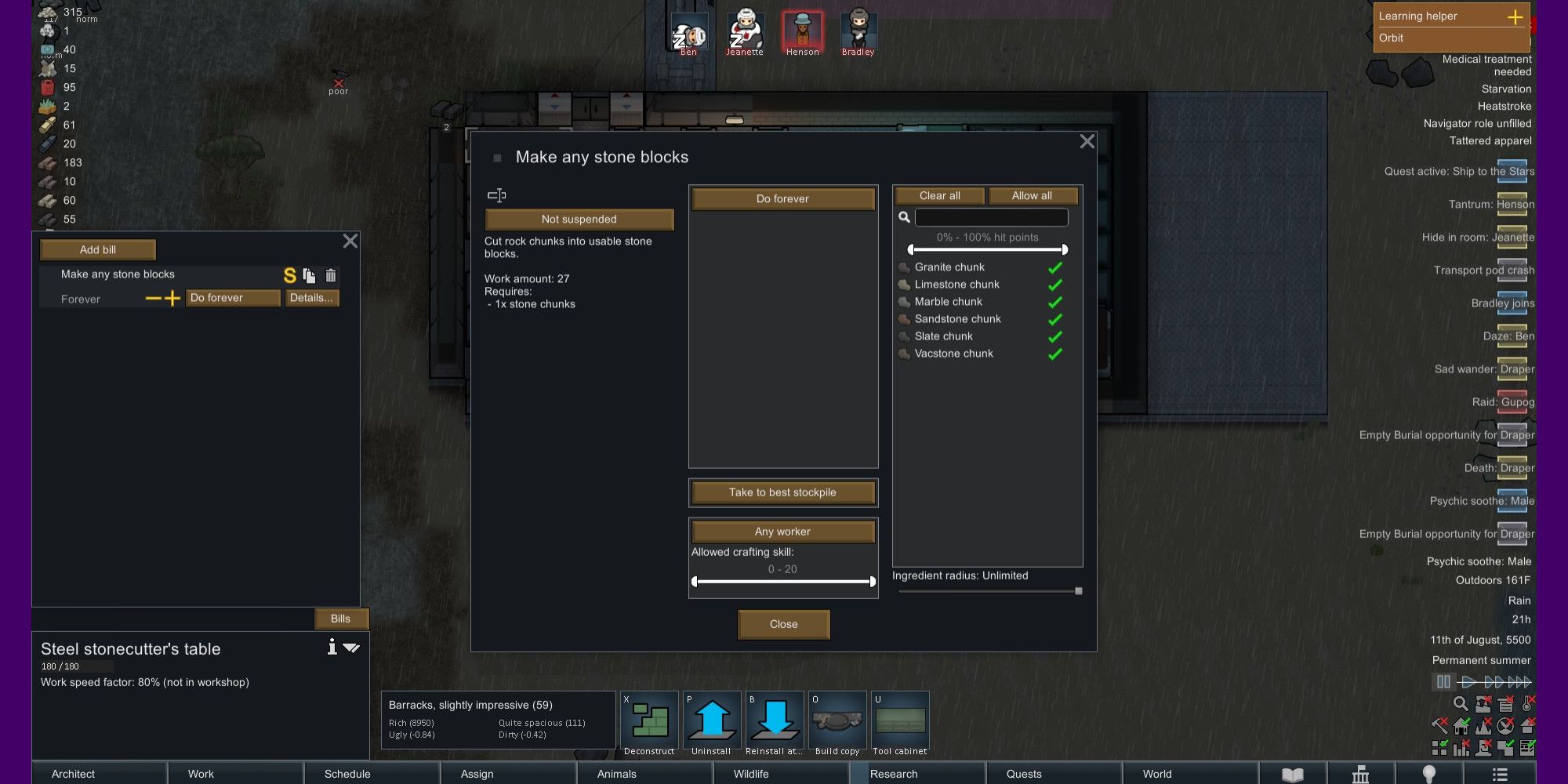 A player looking at the block crafting options at their Stonecutter's Table. 