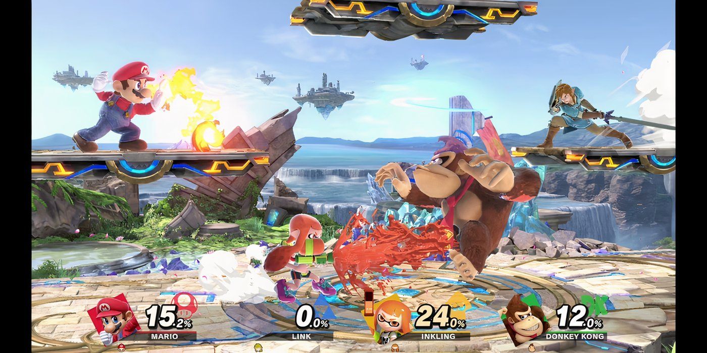 Super-Smash-Bros.-Ultimate-Mario-throwing-fireball-Inkling-blasting-Donkey-Kong-and-Link-swinging-sword