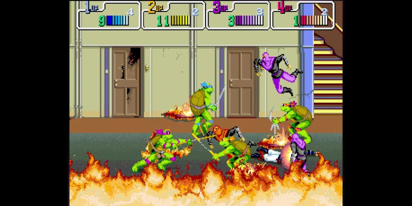 Teenage-Mutant-Ninja-Turtles-1989-Arcade-All-four-turtles-fighting-foot-clan-in-burning-building