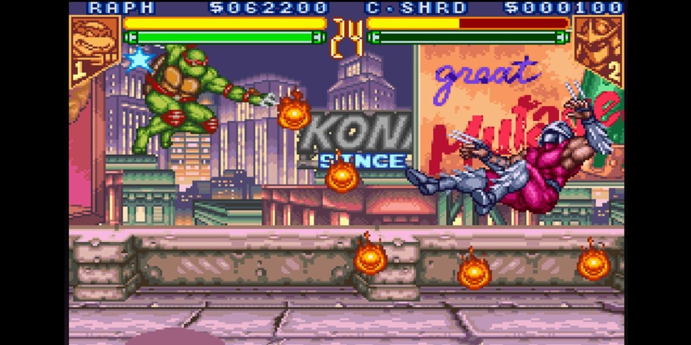 Teenage-Mutant-Ninja-Turtles-Tournament-Fighters-Raphael-fighting-Shredder-on-roof