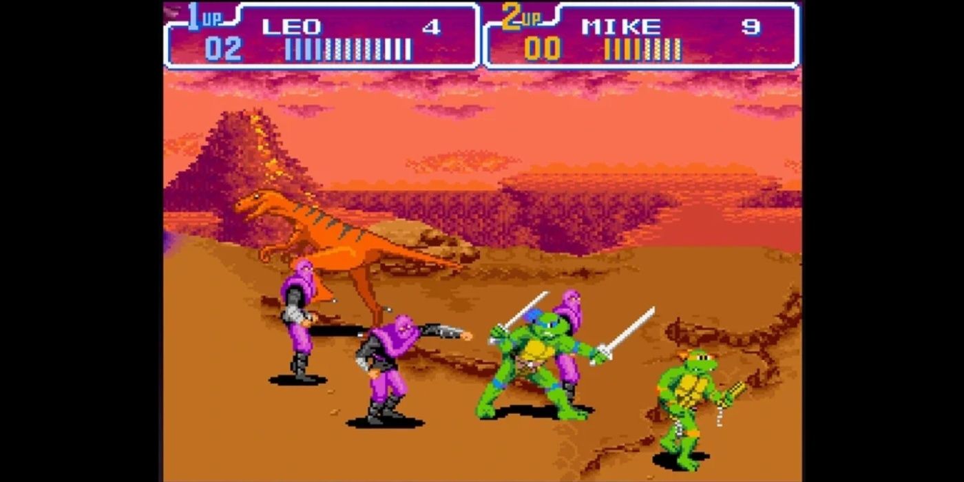 Teenage-Mutant-Ninja-Turtles-Turtles-in-Time-Leo-and-Michelangelo-fighting-Foot-Clan-in-the-past-with-dinosaurs