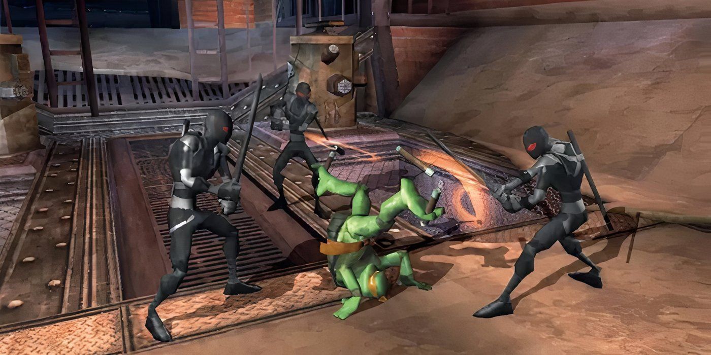TMNT-2007-video-game-Michelangelo-fighting-Foot-Clan-soldiers