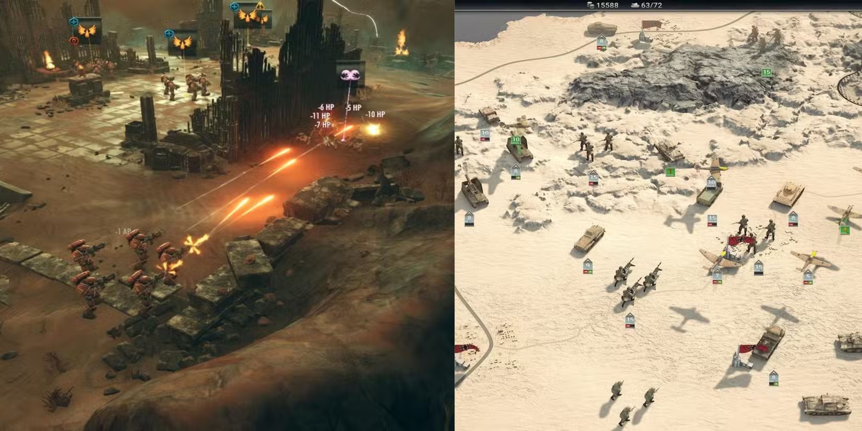 Uma imagem combinada de jogabilidade de Warhammer 40.000 Battlesector e Panzer Corps 2