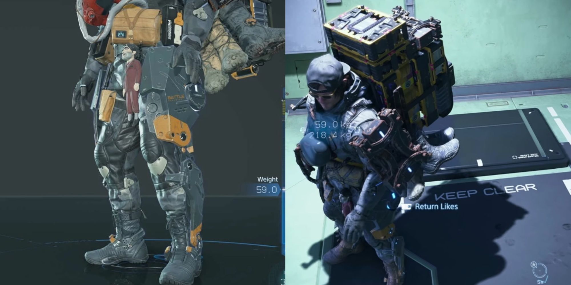 A combined image of Wearing different Skeletons in Death Stranding 2: On the Beach